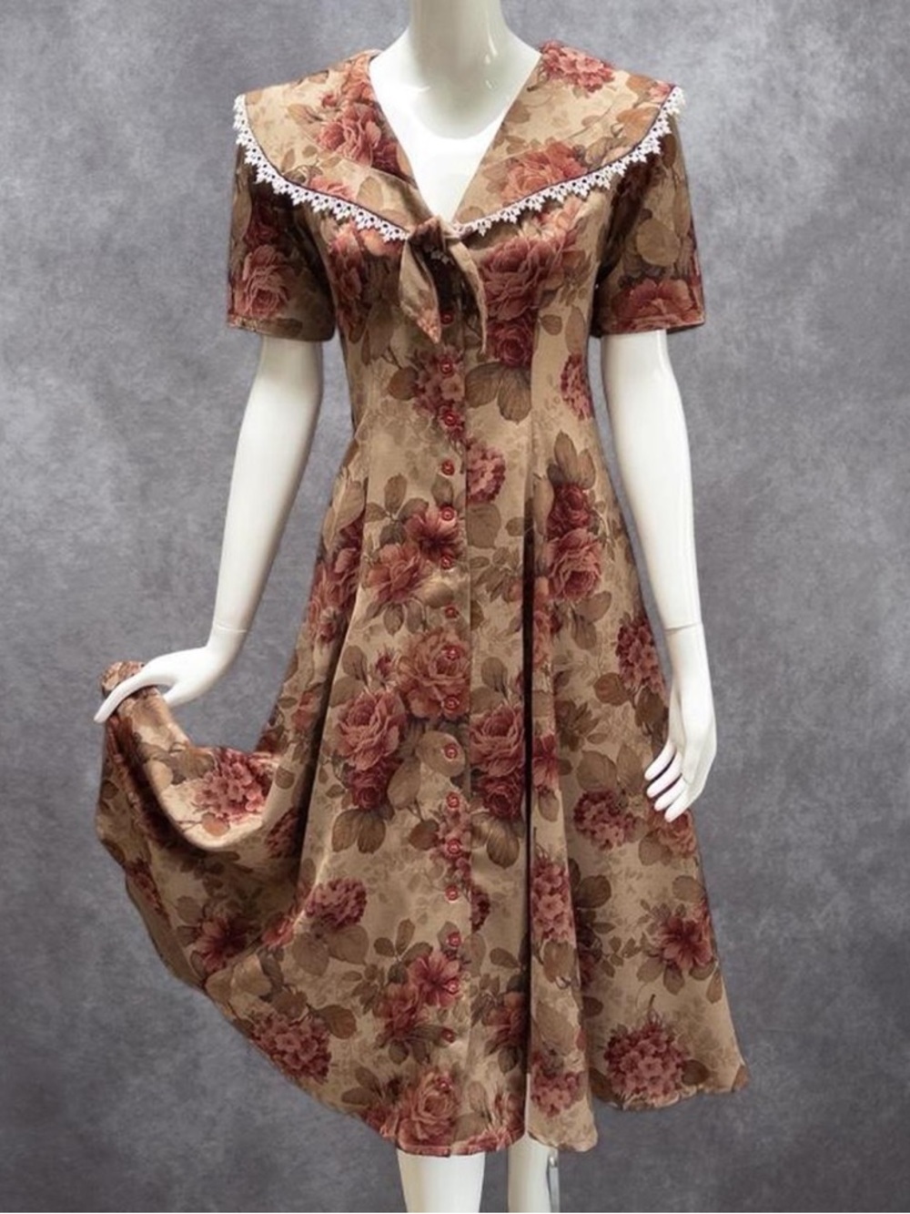 Sold - Vintage Floral Sailor Collar Midi Dress Lace Trim Tie Back Size M